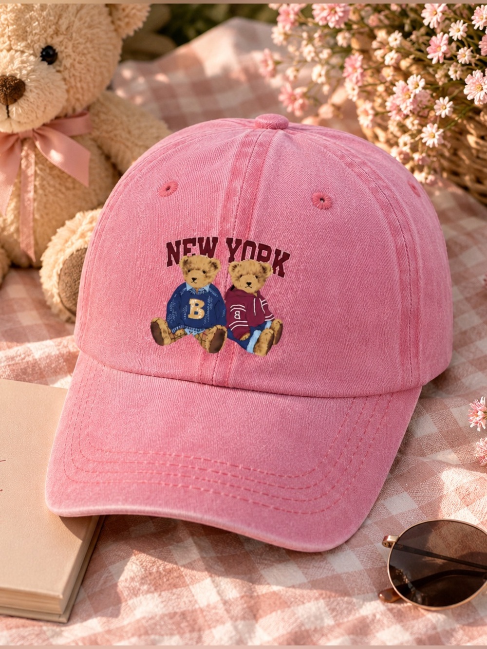 Pink Washed Baseball Cap | Duo Teddy Bear Print | Ajustable, New 🧸💗